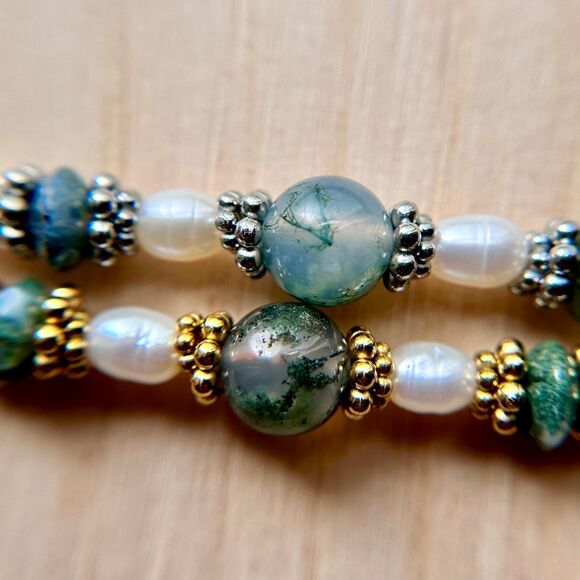 Moss Agate Layer Necklace for Women Gold Silver Pearl Green Beaded Handmade - Picture 4 of 5